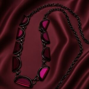 Coldwater Creek Bold Statement Necklace | Black Half-Moon Beads, Pink Gems